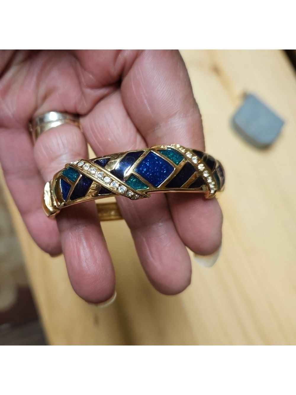 Vintage Butler Blue and Green Enamel with Pavé Hinged Bracelet